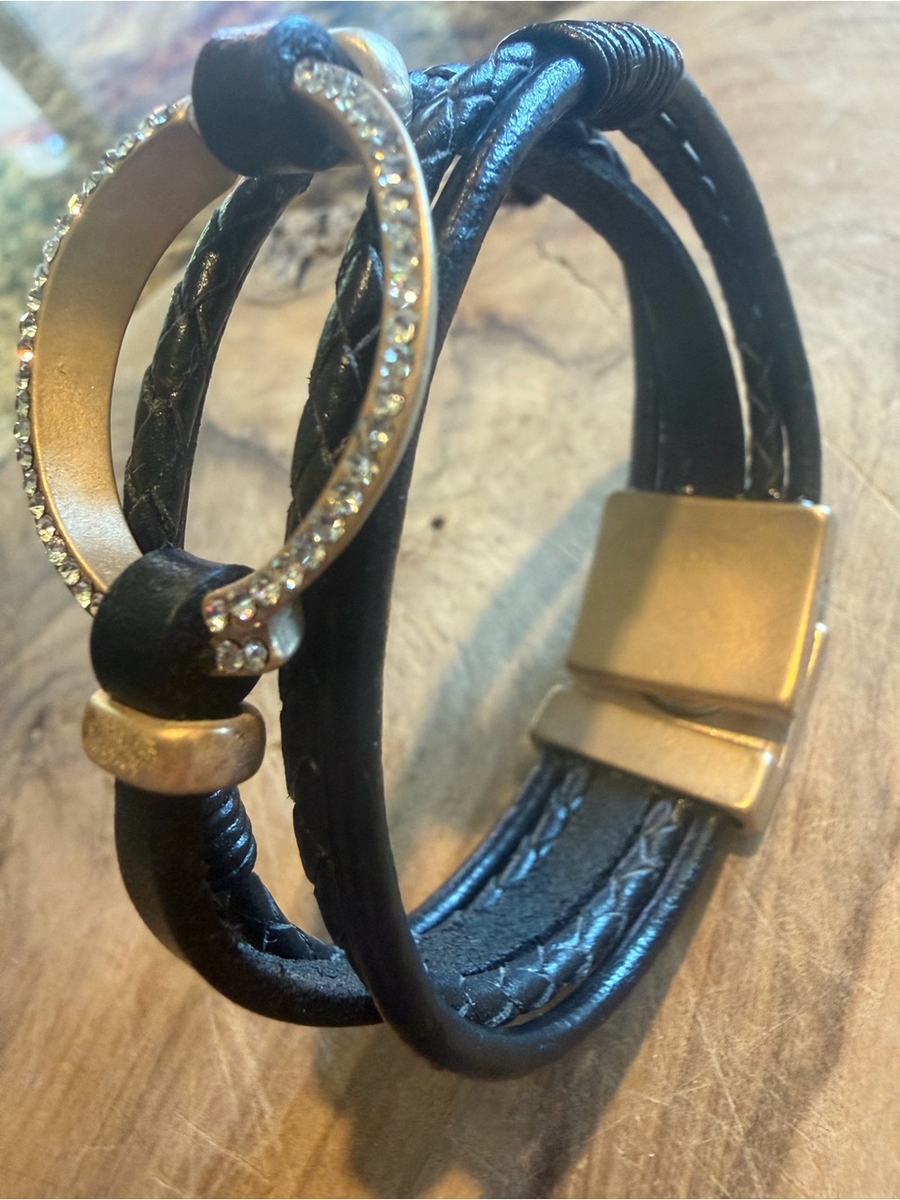 Black Leather Multi-Strand Bracelet with Gold Accents